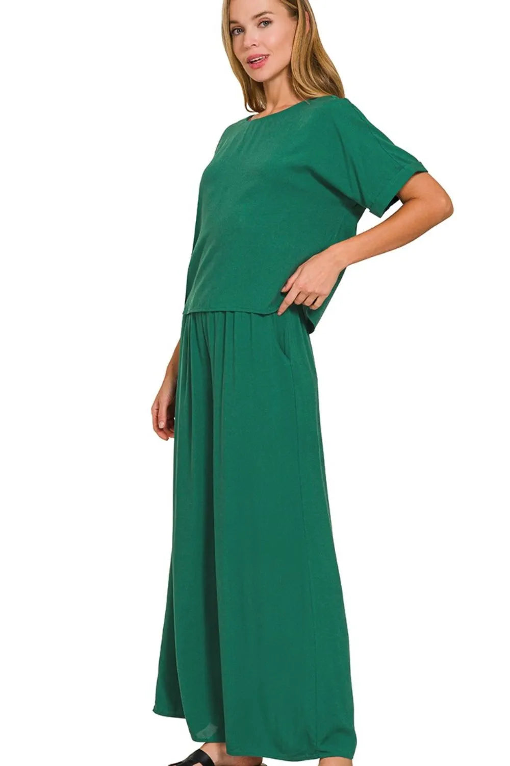 Zenana Round Neck T-Shirt & Wide Leg Pants Set – Comfy & Stylish