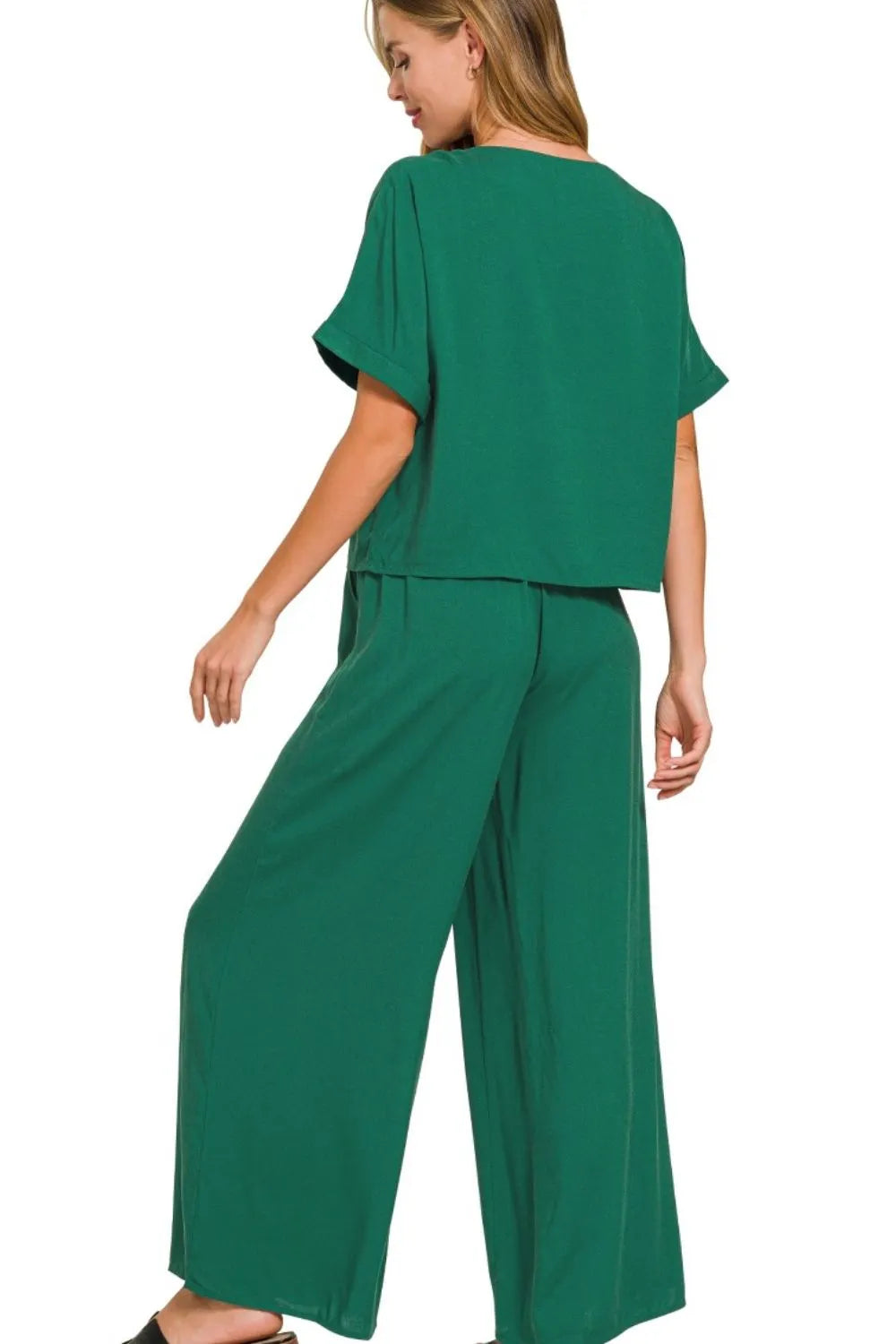 Zenana Round Neck T-Shirt & Wide Leg Pants Set – Comfy & Stylish
