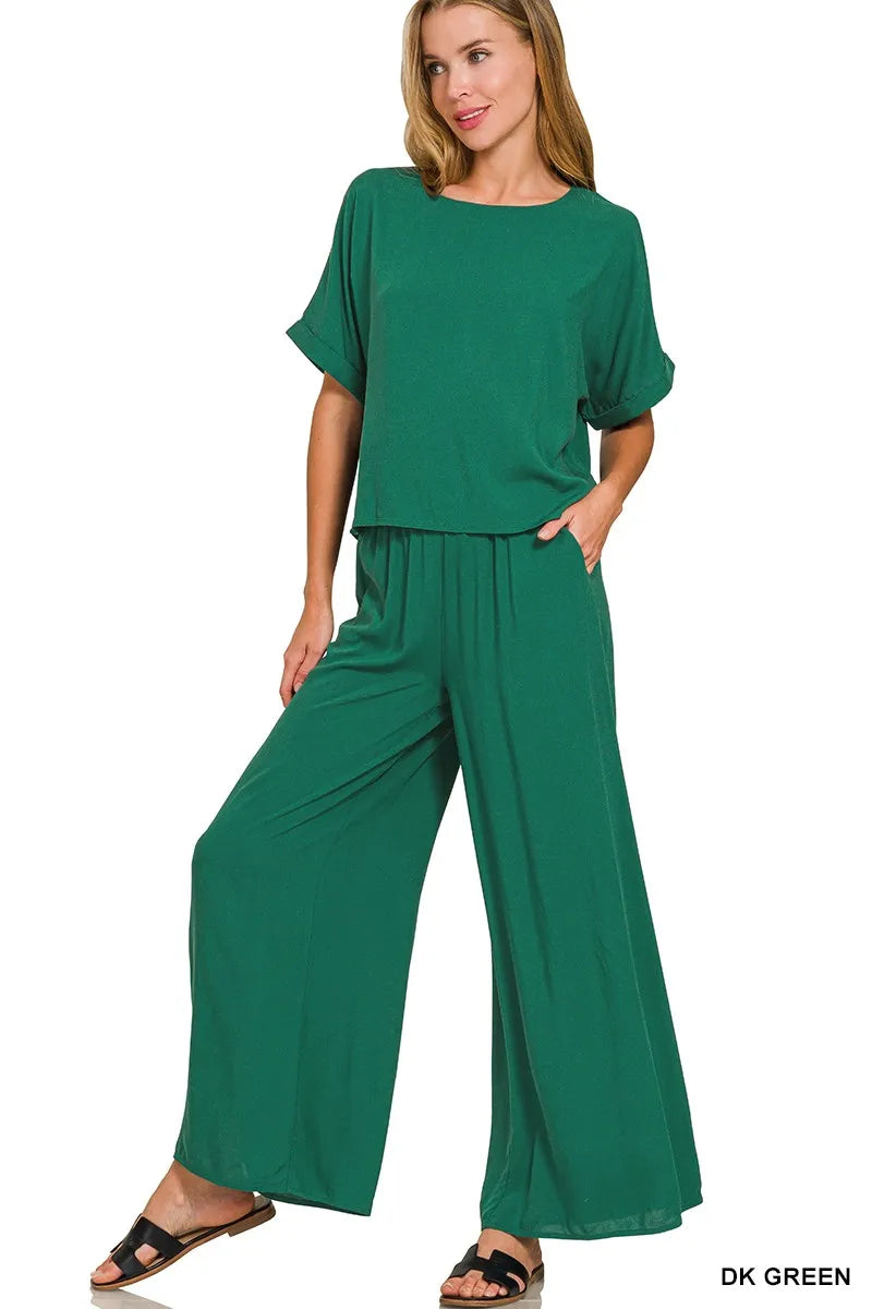 Zenana Round Neck T-Shirt & Wide Leg Pants Set – Comfy & Stylish