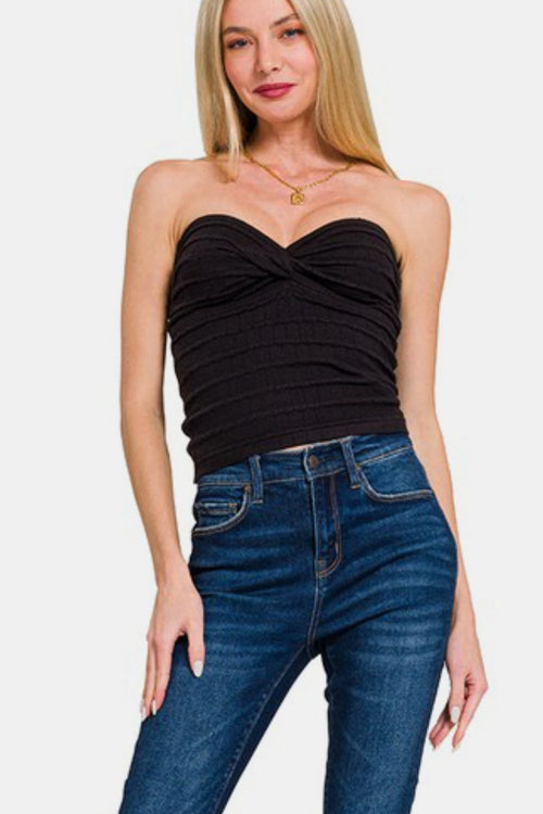 Women’s black ruched sweetheart neckline tube top with twisted bust detail