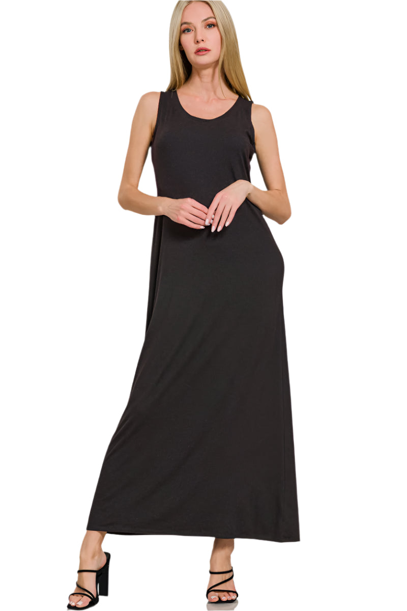 Black scoop-neck wide-strap tank maxi dress with relaxed fit
