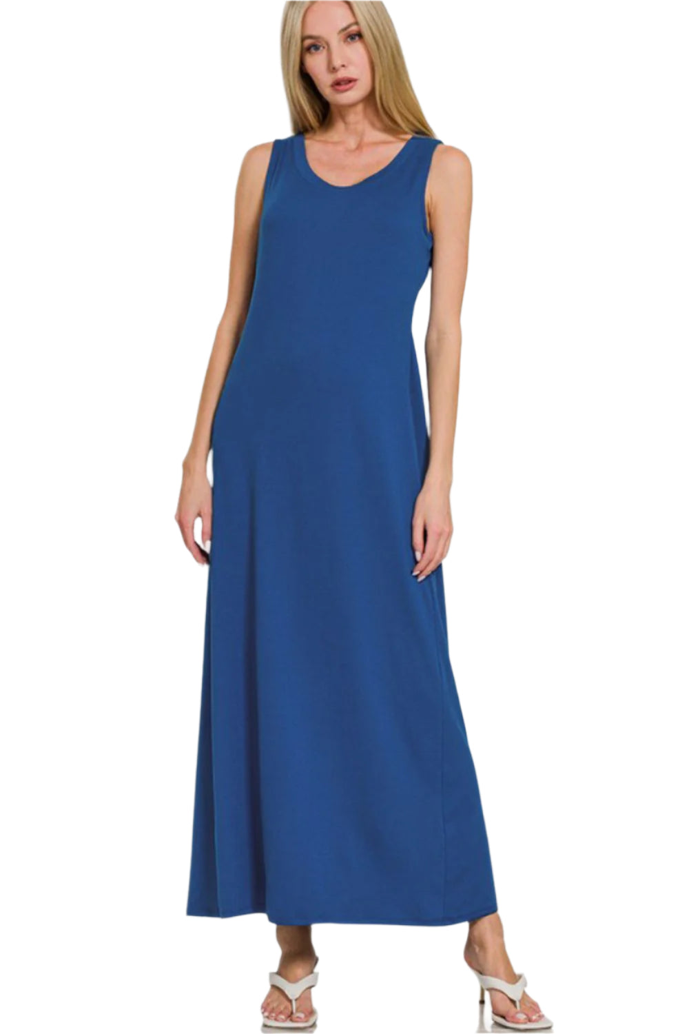 Navy scoop neck wide-strap tank midi dress for women, sleeveless with relaxed fit