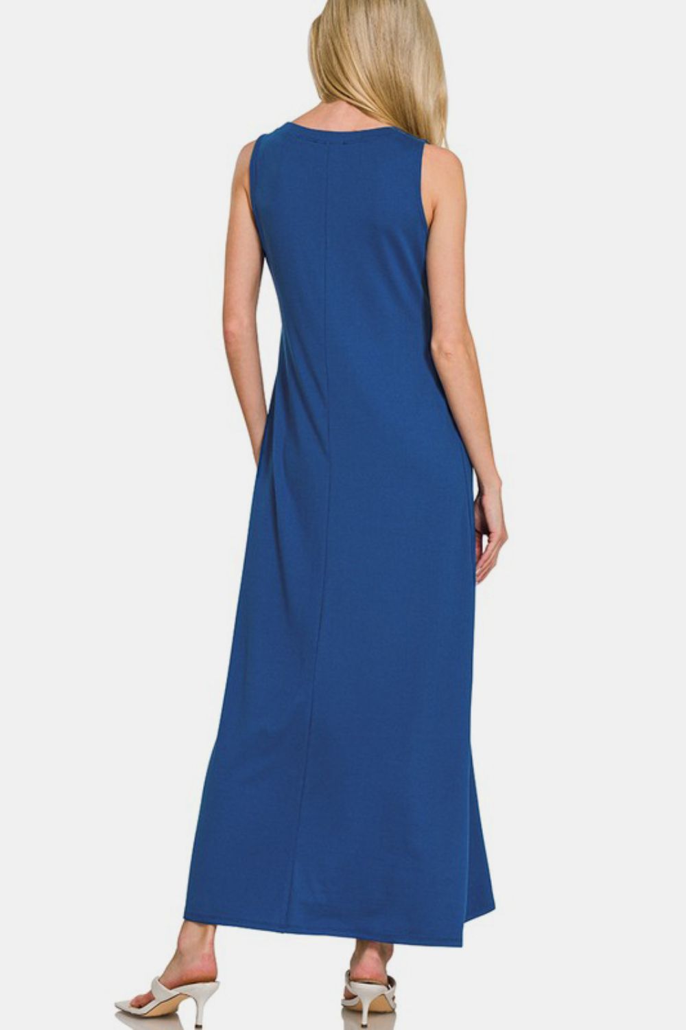 Navy wide-strap tank midi dress for women, sleeveless back view