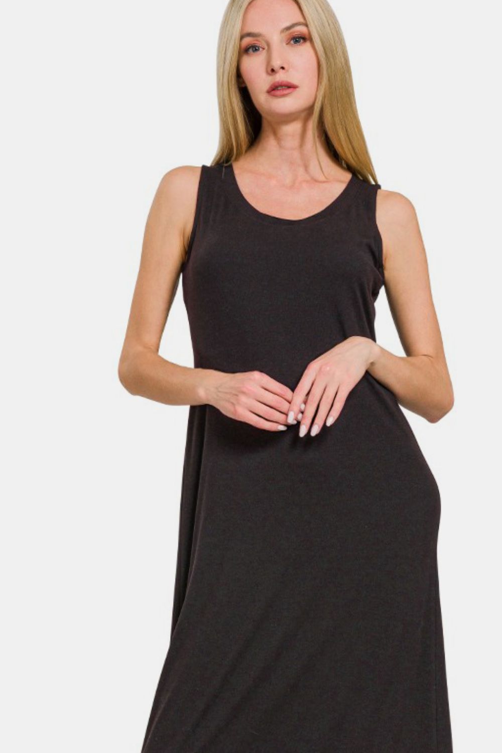 Black scoop-neck wide-strap tank maxi dress, sleeveless with straight skirt