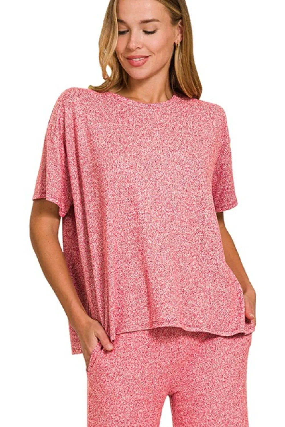 Zenana Soft Melange Lounge Set – Short Sleeve Tee & Long Pants Combo