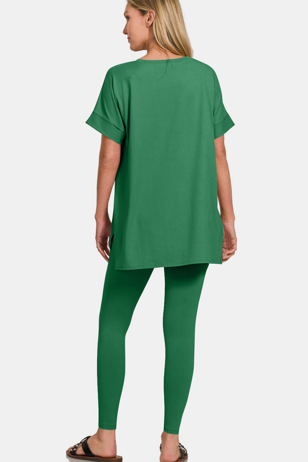 Zenana V-Neck Rolled Short Sleeve T-Shirt and Leggings Lounge Set