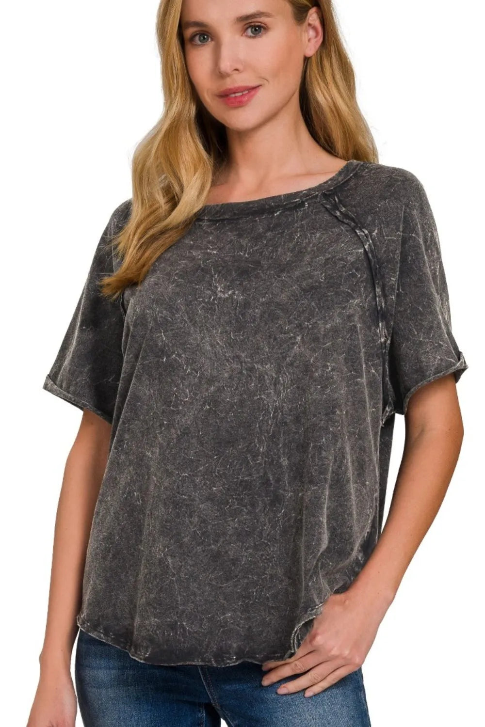 Zenana Women's Crinkle Washed Raglan Sleeve T-Shirt with Back Patch