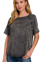 Zenana Women's Crinkle Washed Raglan Sleeve T-Shirt with Back Patch