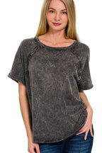 Zenana Women's Crinkle Washed Raglan Sleeve T-Shirt with Back Patch