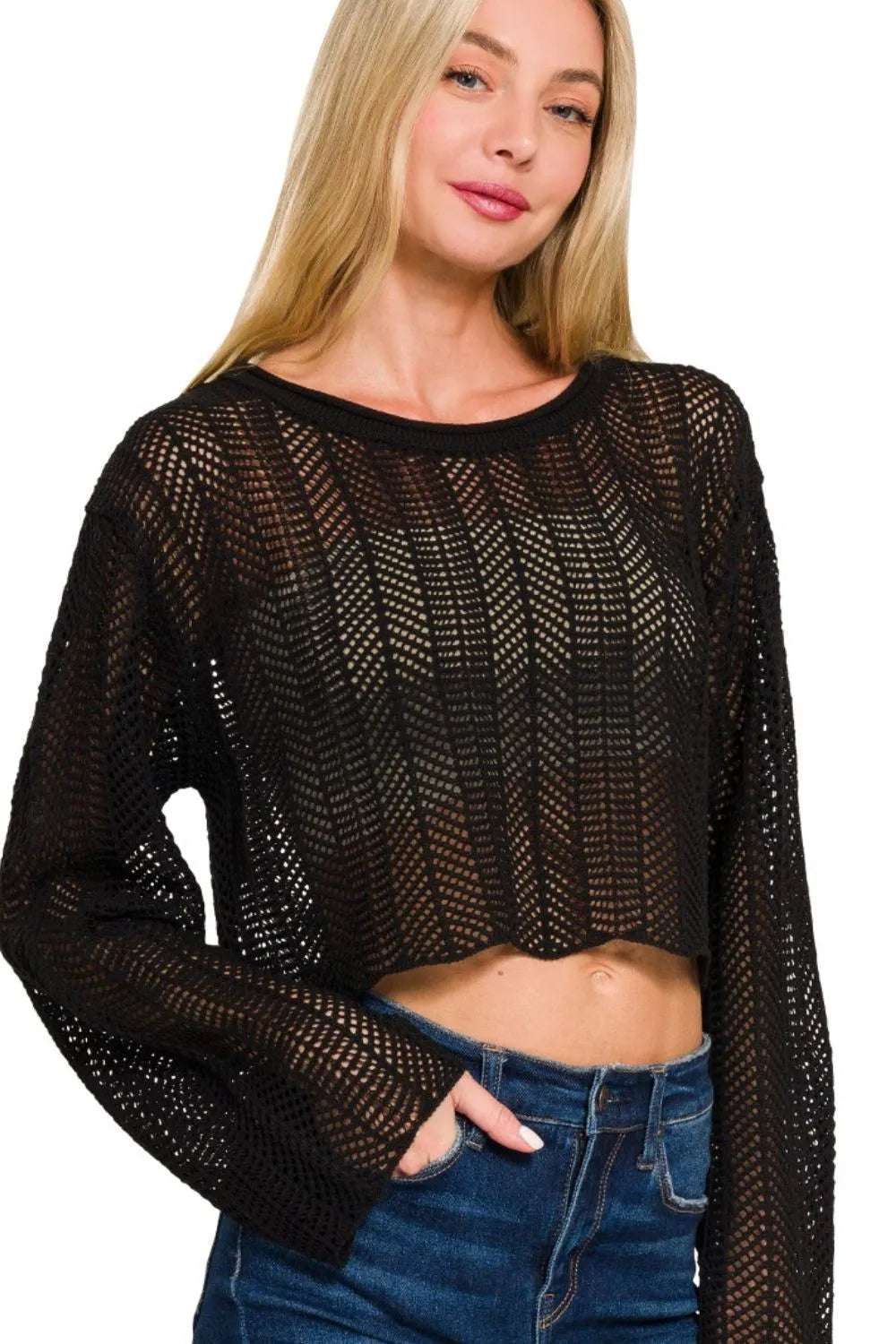 Zenana Women's Open Knit Cropped Sweater – Lightweight & Stylish