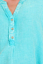 Zenana Women's Washed Double Gauze Henley Shirt with 3/4 Button Neck