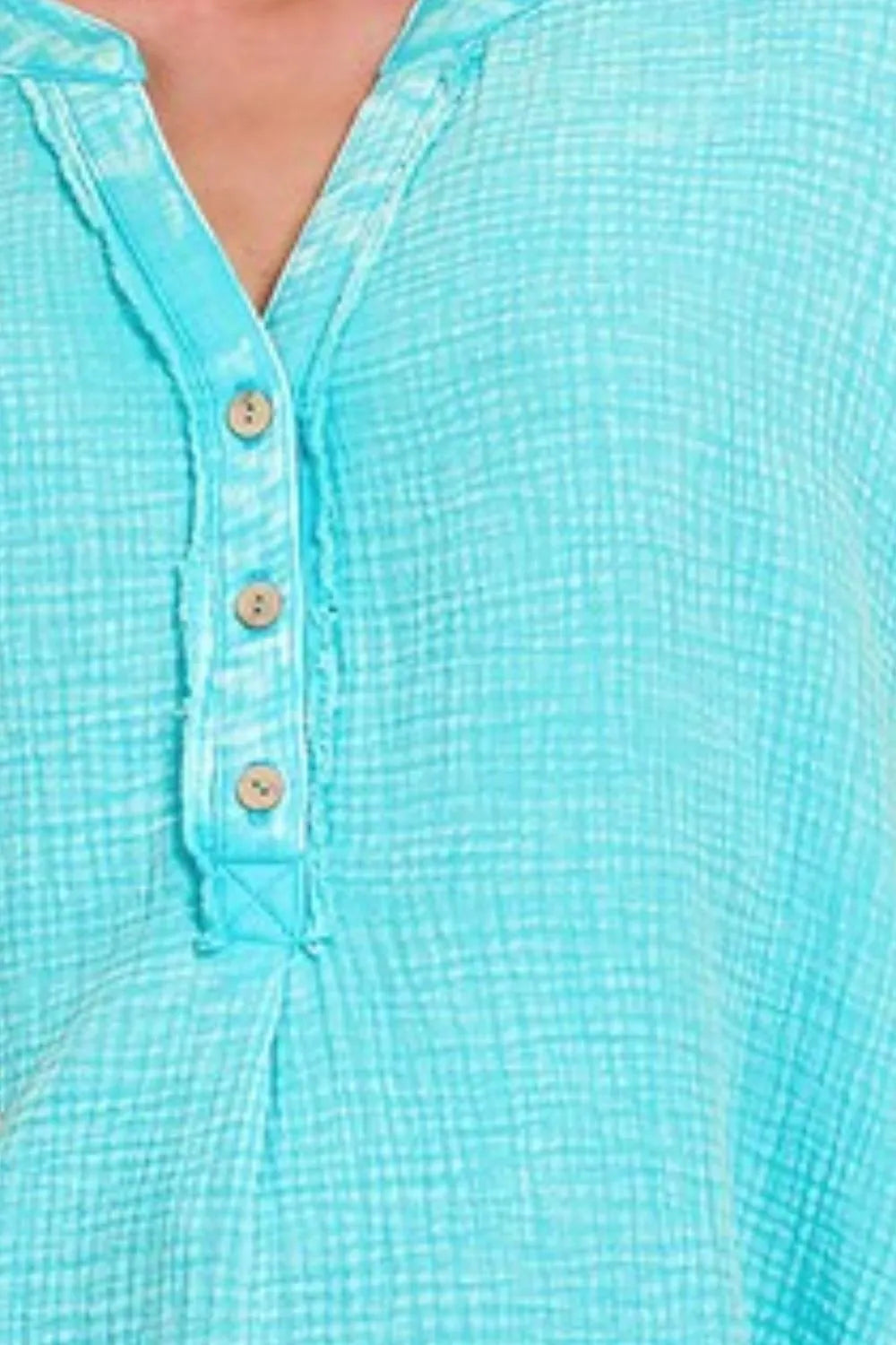 Zenana Women's Washed Double Gauze Henley Shirt with 3/4 Button Neck