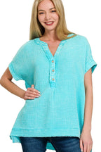 Zenana Women's Washed Double Gauze Henley Shirt with 3/4 Button Neck