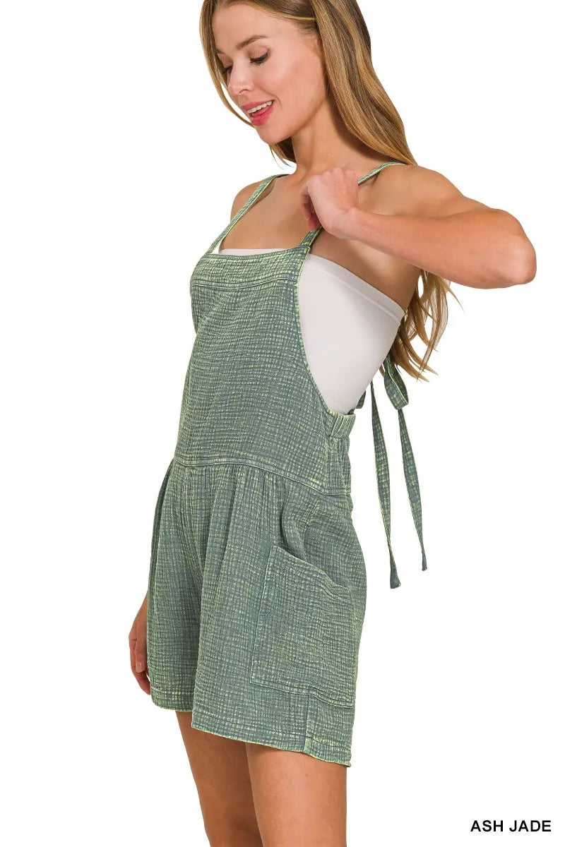 Zenana Women's Washed Double Gauze Romper with Tie Back Detail