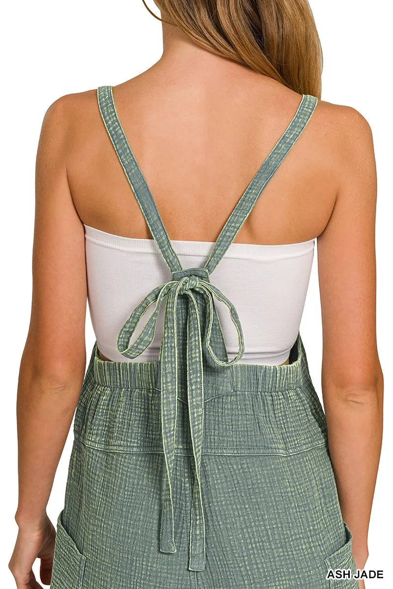 Zenana Women's Washed Double Gauze Romper with Tie Back Detail