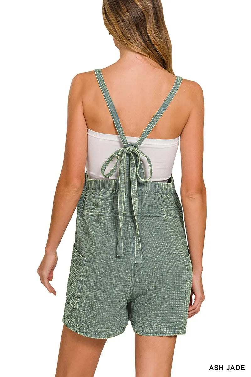 Zenana Women's Washed Double Gauze Romper with Tie Back Detail