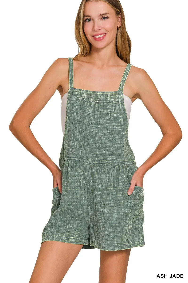 Zenana Women's Washed Double Gauze Romper with Tie Back Detail