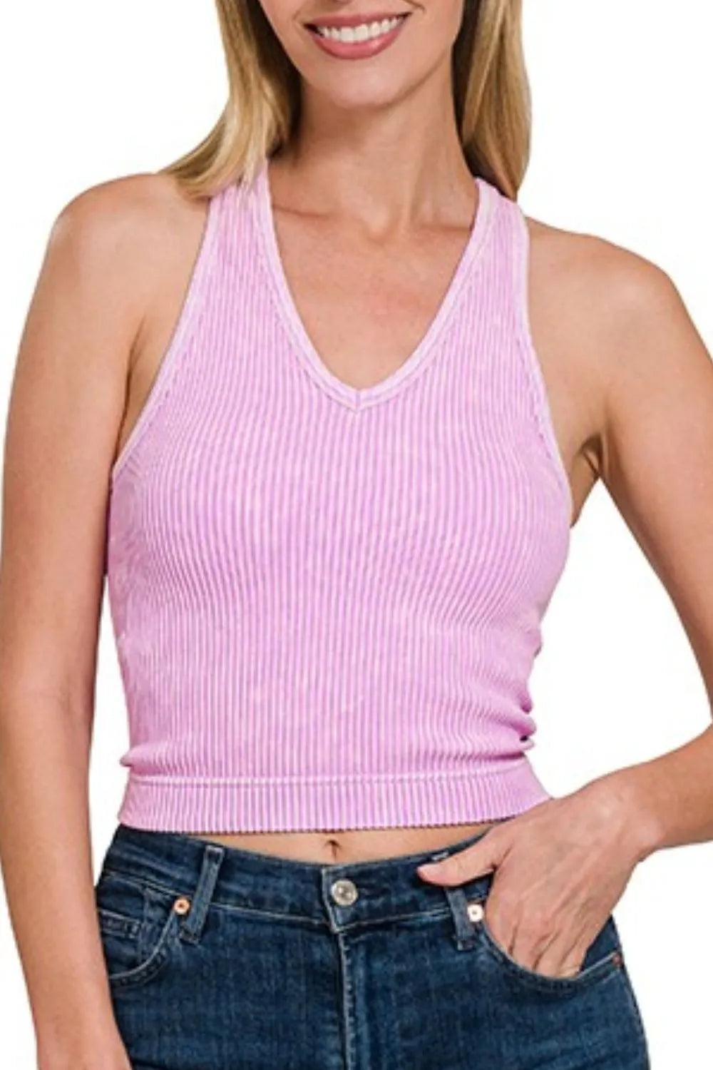 Zenana Women's Washed Ribbed Seamless Padded V-Neck Tank Bra Top