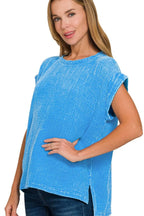 Zenana Woven Deep Sky Blue Double Gauze Acid Washed Top