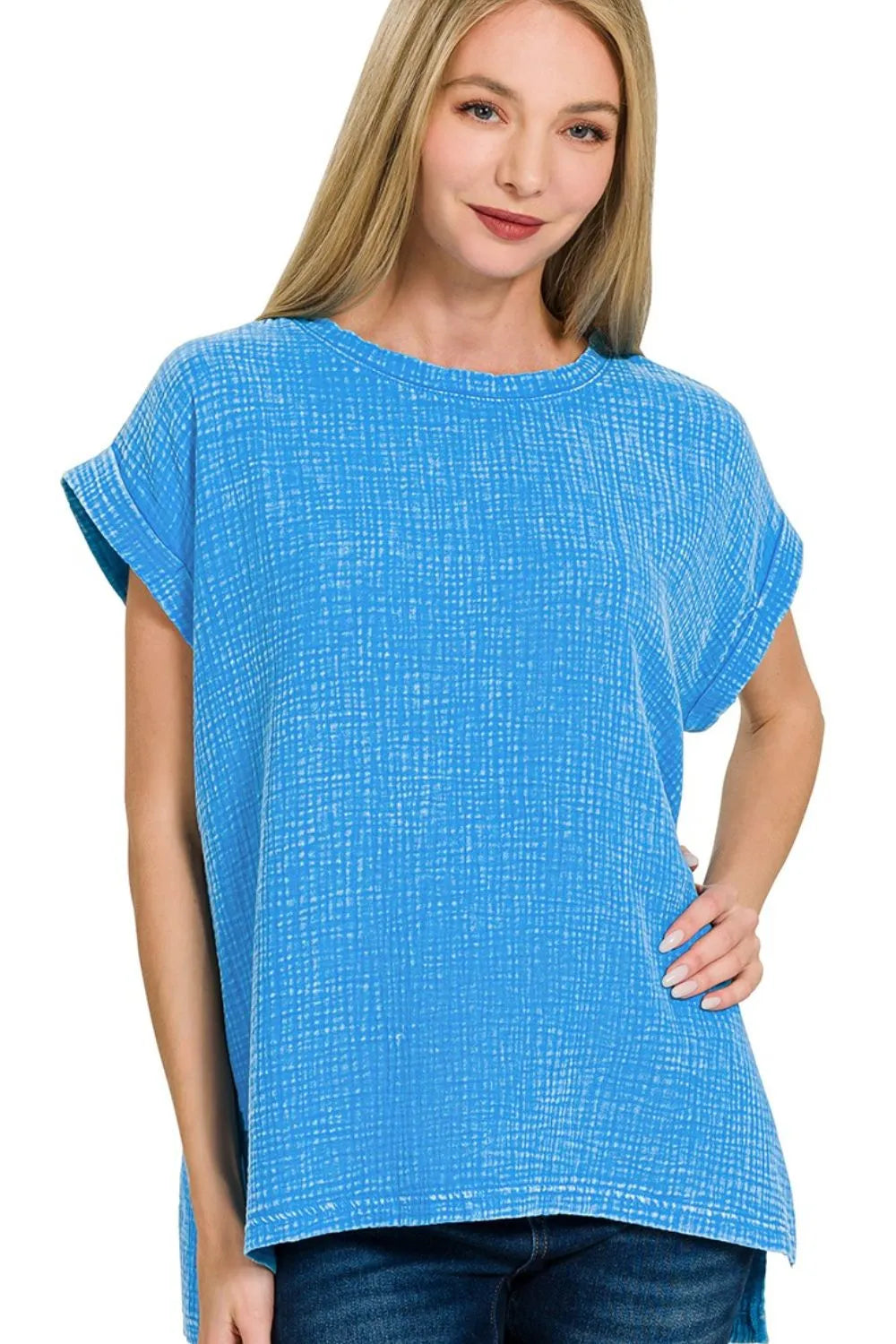 Zenana Woven Deep Sky Blue Double Gauze Acid Washed Top
