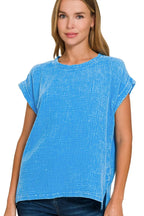 Zenana Woven Deep Sky Blue Double Gauze Acid Washed Top