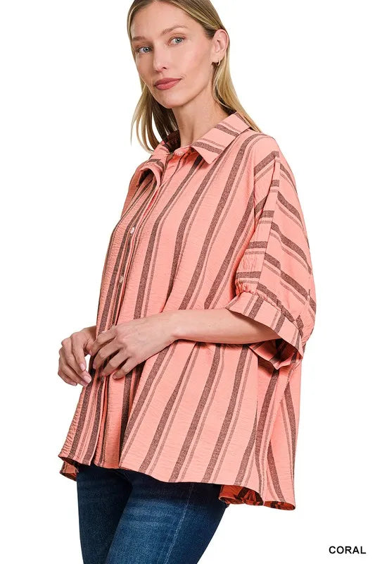 Woven Yarn-Dye Stripe Oversized Button Down Shirt – Chic & Versatile