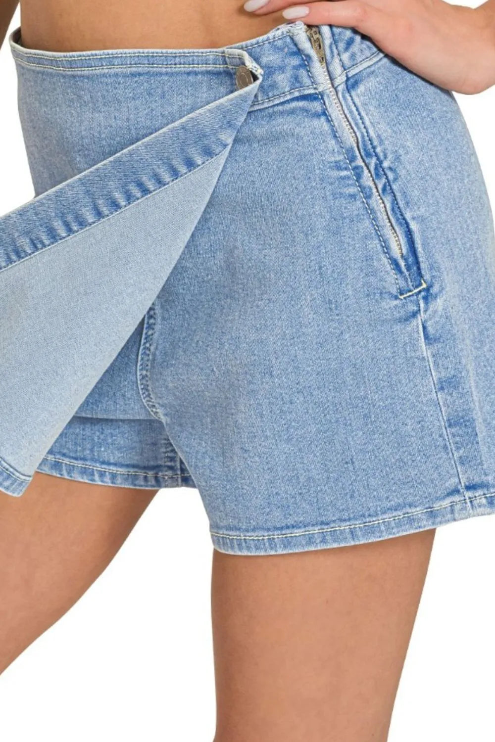Denim Wrap Mini Skirt – Light Wash Button Closure Casual Style