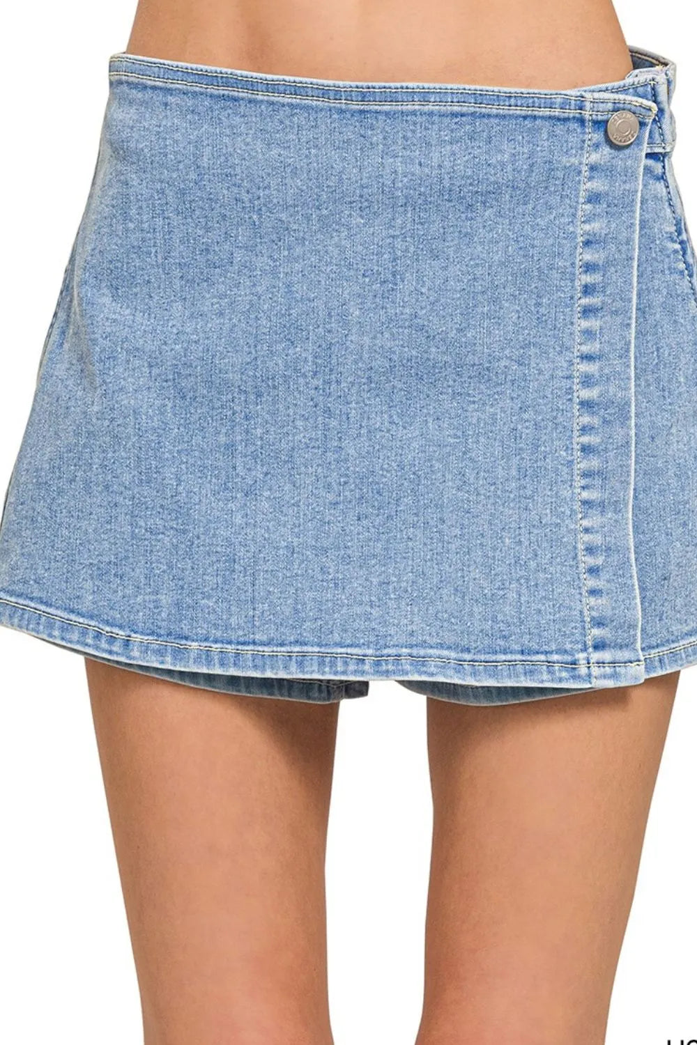 Denim Wrap Mini Skirt – Light Wash Button Closure Casual Style